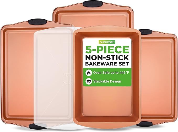 NutriChef 5‑Piece Non‑Stick Bakeware Set – Premium Carbon Steel Baking Pans Set with Silicone Handles, Stackable Oven Pan Set for Cookies, Sheet Cakes, & Roasting