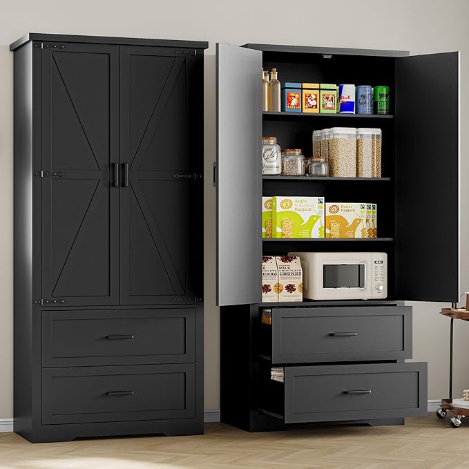 Pantry Organizers and Storage Cabinet, 71” Barn Door White Kitchen Cabinet with Drawers and Adjustable Shelf, Tall Pantry for Kitchen, Dining Room, Living Room. Bathroom and Office