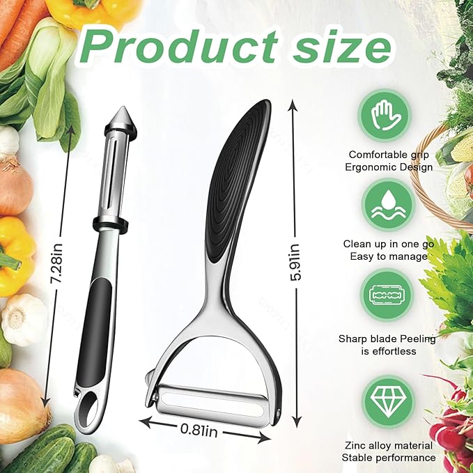 Vegetable Peeler - Stainless Steel Ultra Sharp Shape Potato Peelers, Non-Slip Soft Grip Handle, Y and I Effortless Carrot & Fruit Peeling 5-in-1 Peeler Set