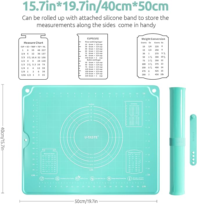 U-Taste Liquid Silicone Pastry Mat: 16"x20" Food-Grade Non-Stick Dough Rolling Baking Sheet, Non Slip for Kneading, Making Pizza, Fondant, Pie Crust with Clear Measurement and Raised Edges (Aqua Sky)
