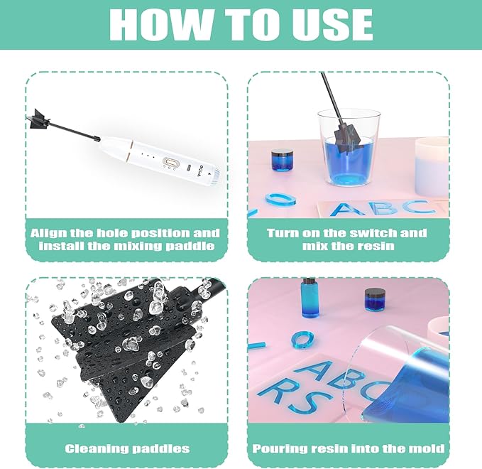 Upgraded Resin Mixer, Handheld Rechargeable Mixer with Minimizing Bubbles,Epoxy Resin Mixer for Resin, Silicone Mixing, Resin Molds, DIY Crafts (Included 4 pcs Paddles) (White)