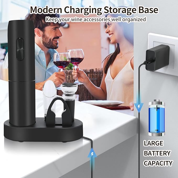 Electric Wine Bottle Opener Set with Charging Base- Black, Automatic Wine Bottle Opener with Led Light, Rechargeable Corkscrew Kit with Aerator，Foil Cutter，Stoppers