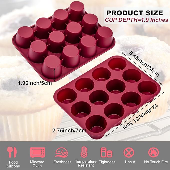 Nalchios Silicone Muffin Pan 12 Cups Deep Jumno, Chocolate Molds Silicone, Nonstick BPA Free Silicone Baking Molds, Dishwasher & Microwave Safe Muffin Tin, Easy To Use and Clean Candy Molds