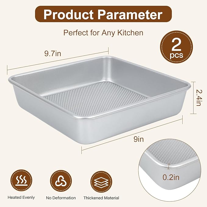 9-Inch Square Cake Pan Set of 2, Heavy Duty Nonstick with Textured Honeycomb Surface, Aluminized Steel BPA & PFOA Free, Warp Resistant, Even Heating for Brownies, Lasagna, Pizza & Casseroles