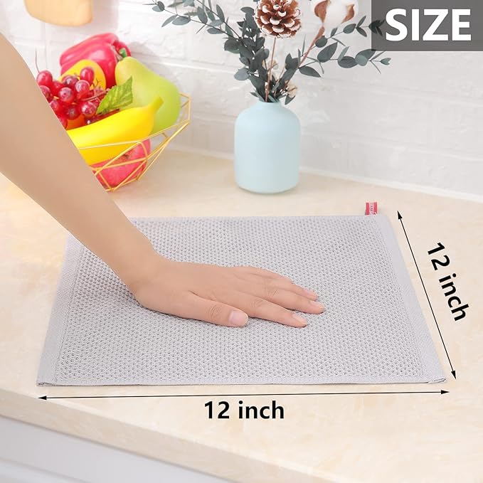 Homaxy 100% Cotton Waffle Weave Kitchen Dish Cloths, Ultra Soft Absorbent Quick Drying Dish Towels, 12 x 12 Inches, 12-Pack, Light Gray