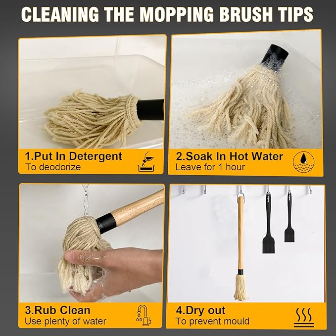 Walfos Basting Brush Silicone and BBQ Mop, Grill Basting Mop with 3 Heads and 2Pcs Pastry Brushes, Wooden Long Handle, Heat Resistant for Grilling, Smoking Steak, Kitchen Cooking (18"）