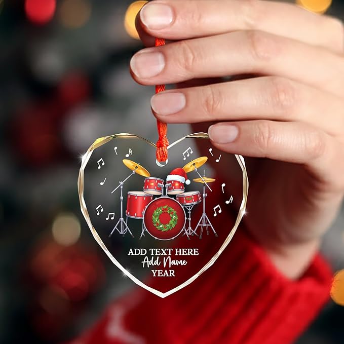 Personalized Drum Set Christmas Glass Ornaments 2025, Drum Xmas Ornament with Custom Text Name & Year, Drummer Christmas Tree Ornament for Men Women, Decoration Gift for Drummer Band Music
