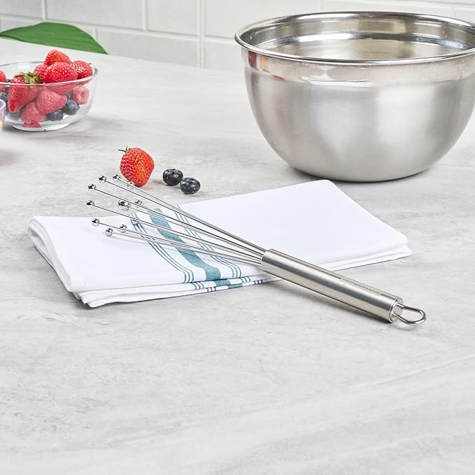 Restaurantware-German Standard 10.6 Inch Ball Whisks, 6 Dishwashable Kitchen Whisks - Ergonomic Handle, Durable, Stainless Steel Manual Egg Beater, Suitable For Whisking, Stirring, Mixing, Beating