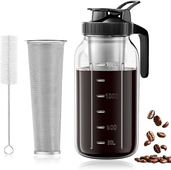 64oz Mason Jar Cold Brew Coffee Pitcher with Stainless Steel Filter & Pour Spout Lid – Airtight Glass Iced Coffee Maker for Tea, Lemonade, Juice – Easy Clean & BPA-Free (1.9L)