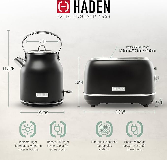 Haden Heritage 2 Slice Wide Slot Stainless Steel Toaster Bundled with 1.7 Liter Stainless Steel Electric Water Kettle, Black & Chrome