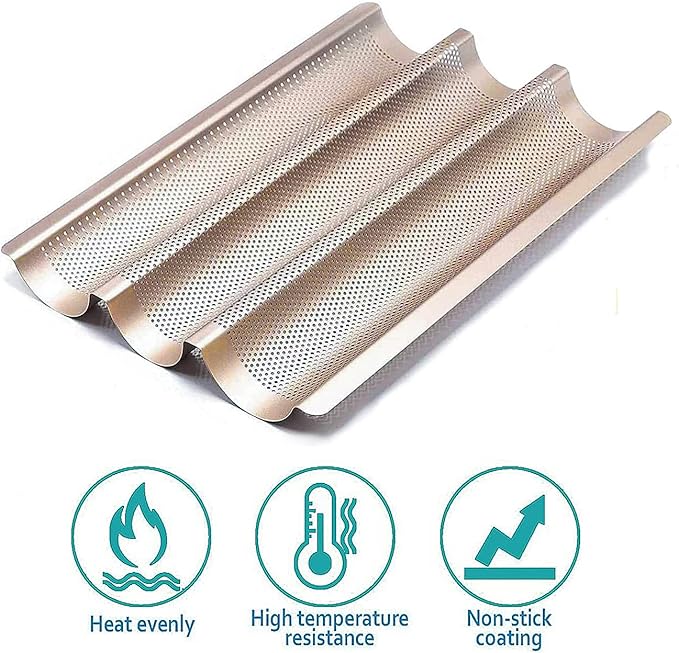 Hesanzol Baguette Pans for Baking 15" x 11", Carbon Steel 3 Loaf Nonstick Baguette Baking Tray for French & Italian Perforated French Bread Pan (2pack - Gold)
