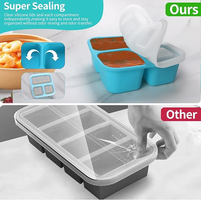 BPA-Free Silicone Freezer Molds, Leak Proof Stackable,1/2-Cup and 1-Cup Portion Control Soup Cubes Freezer Tray with Lids for Meal Prep, Broth, Stews, Leftovers(Blue 2 Pack)