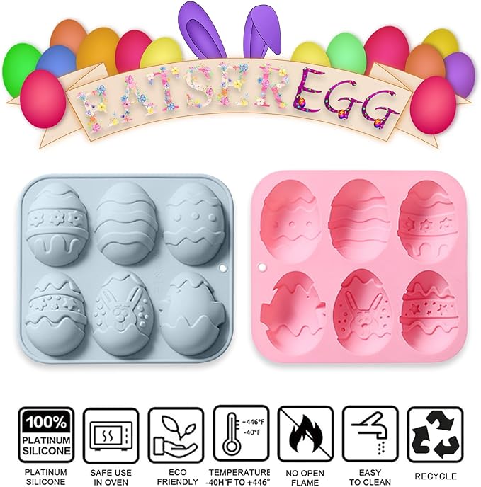 2 Packs Easter Egg Candy Silicone Molds, 6 Cavity Semi Egg Non Stick Silicone Molds for Making Hot Chocolate Bomb, Jelly, Truffles, Desserts, ice cube, Hard Candy