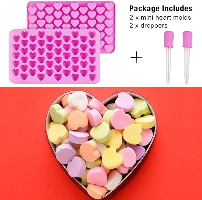 Silicone Molds for Wax Melts, 2 Pack Silicone Mini Heart Molds with 2 Droppers, Heart Candy Molds Silicone Molds for Gummies Chocolate Ice Cube Jelly Cake Soap Candle DIY Gifts