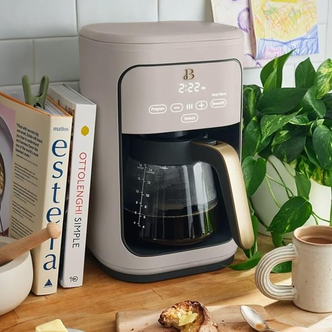 Beautiful 14 Cup Programmable Coffee Maker, Touch Display, 1200W, Brew Strength Control, Keep Warm, Pause & Serve, Glass Carafe, Reusable Filter, Auto Shut-Off, Matte Finish (Porcini Taupe)