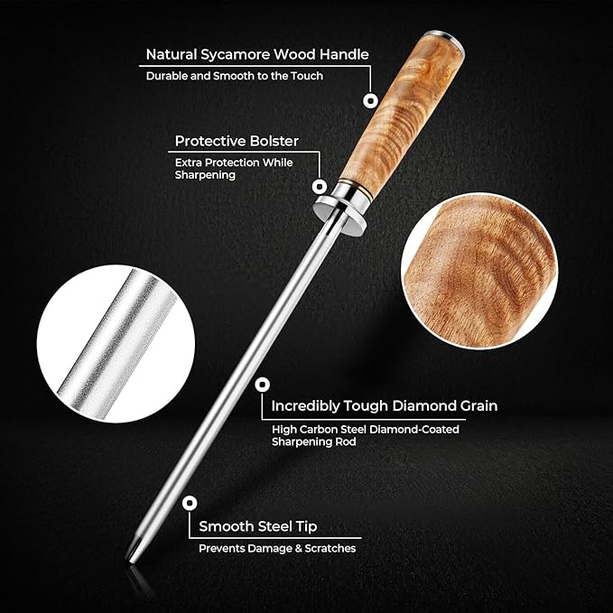 SENKEN Professional Emery Knife Sharpening Steel - Incredibly Strong Emery Rod for Sharpening & Honing Knives Up to 63 HRC Including All Damascus Knives (Natural Sycamore Wood)