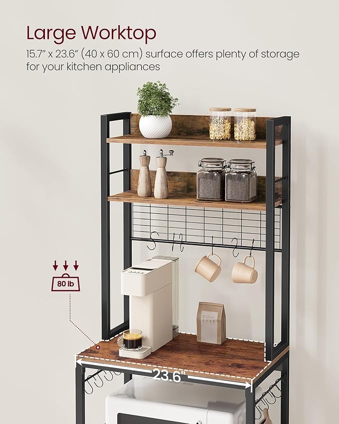 VASAGLE Hutch Bakers Rack with Power Outlet, 14 Hooks Microwave Stand, Adjustable Coffee Bar with Metal Wire Panel, Kitchen Storage Shelf, 15.7 x 23.6 x 66.9 Inches, Rustic Brown and Black UKKS037B01