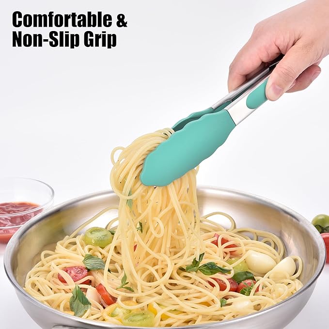 Doosu Kitchen Tongs for Cooking - 600°F Heat Resistant Food Tong with Non-Scratch Silicone Tips, Heavy Duty Stainless Steel Locking Tong for BBQ, Grilling Steak, Serving Salad, Pasta (7in, Aqua Sky)