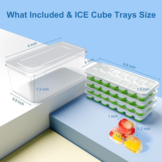 Ice Cube Tray, Ice Cube Trays for Freezer 4 Pack with Lid and Bin, Ice Tray Easy-Release, Ice Trays for Freezer Stackable, Silicone Ice Cube Tray for Drinks, Coffee - BPA-Free and Odor-Free