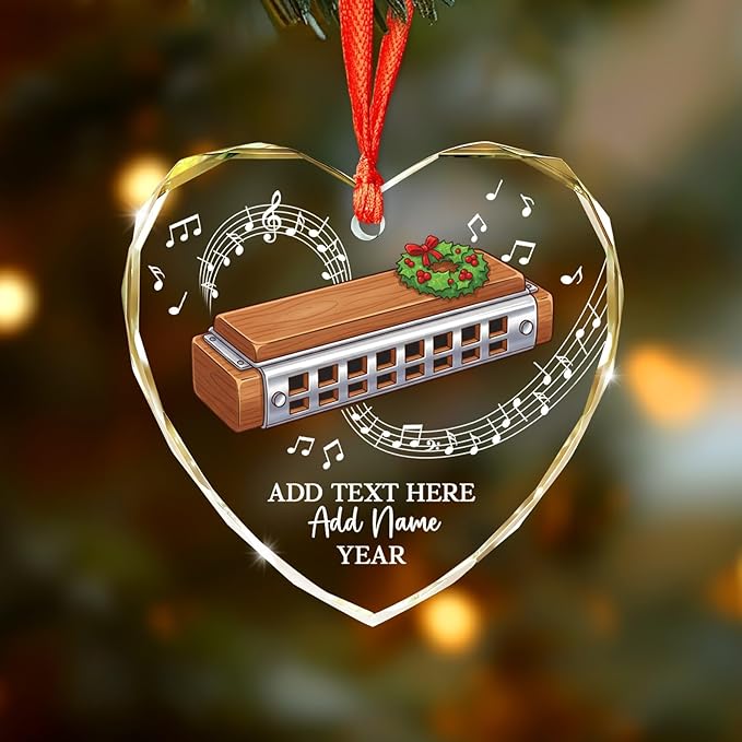Personalized Harmonica Musical Instrument Glass Ornaments, Harmonica Christmas Tree Ornament 2025, Custom Music Lover Christmas Ornament with Text Name & Year, Keepsake Gift for Music Teacher