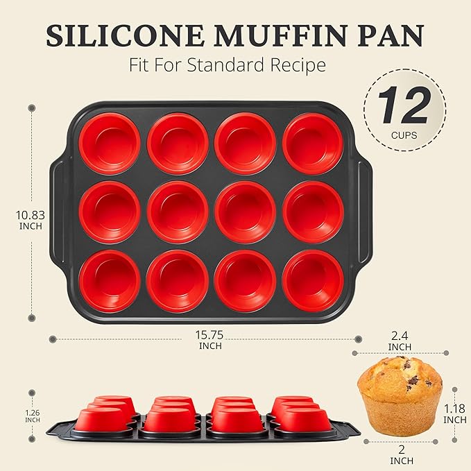 Silicone Muffin Pans for Baking with Metal Frame, Egg Bite Molds, Cupcake Pans 12 Regular Size, Muffin Tins Easy to Pop Nonstick Non Toxic Bakeware for Oven, Red