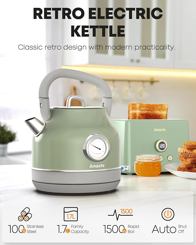 Amaste Electric Kettle, Retro Electric Tea Kettle with Thermometer, 57 Oz Hot Water Kettle for Coffee & Tea, 304 Stainless Steel, 1500W Fast Boiling, Auto Shut-Off & Boil Dry Protection, Matcha Green