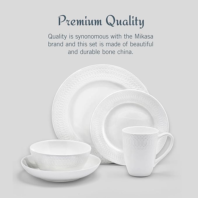 Mikasa Levi 40 Piece Bone China Dinnerware Set, Embossed Plates Bowls, Chip-Resistant, Lightweight, Elegant and Durable, Service for 8, White