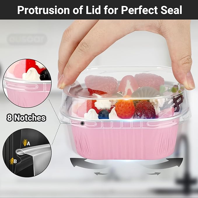 EUSOAR Cupcake Liner, 50pcs 10oz Pink Foil Mini Flan with Lids, Loaf Pans Aluminium Tins for Baking, Disposable Creme Brulee Cups Dessert Containers for Pie Souffle, Cake Holder for Party Serving