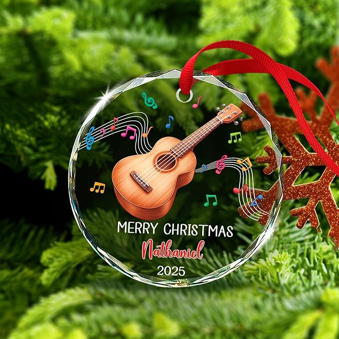 Ukulele Musical Instrument Glass Ornament Xmas 2025, Personalized Instrument Christmas Ornament Gift for Ukulele Player, Ukulelist Keepsake Christmas Tree, Custom Text & Name Musician Glass Ornaments