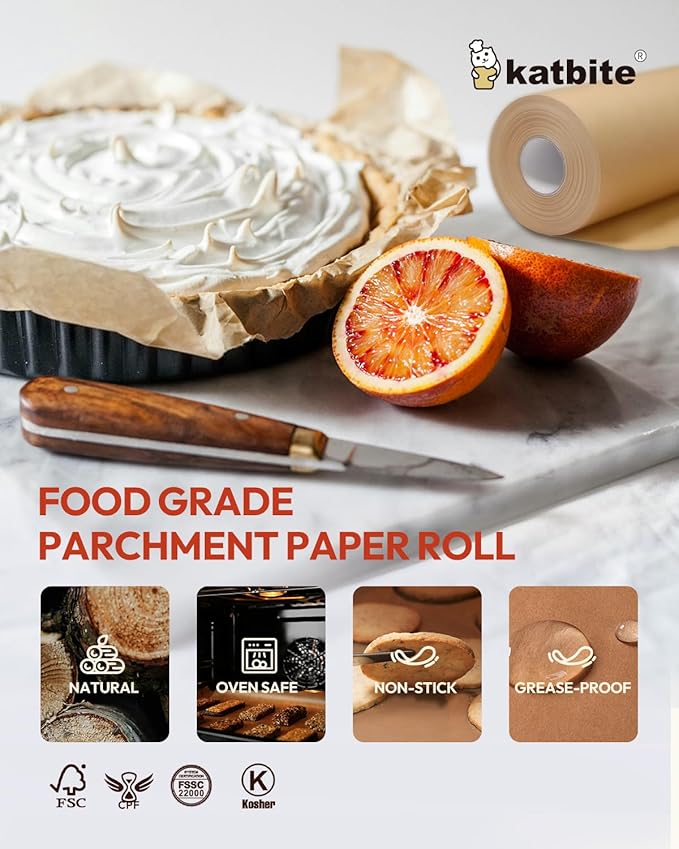 2 Value Pack 15in x 242ft, 300 Sq.Ft Unbleached Parchment Paper Roll for Baking, Katbite Parchment Baking Paper with Serrated Cutter, Non-stick Roll for Cooking, Air Fryer, Steaming, Bread