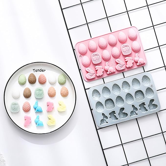 2 Pcs Egg Bunny Silicone Molds, 18-Cavity Baking Molds for DIY Cake Decoration,Chocolate, Pastry, Bread, Ice Cube, Soap, Jello, Easy Release, Reusable
