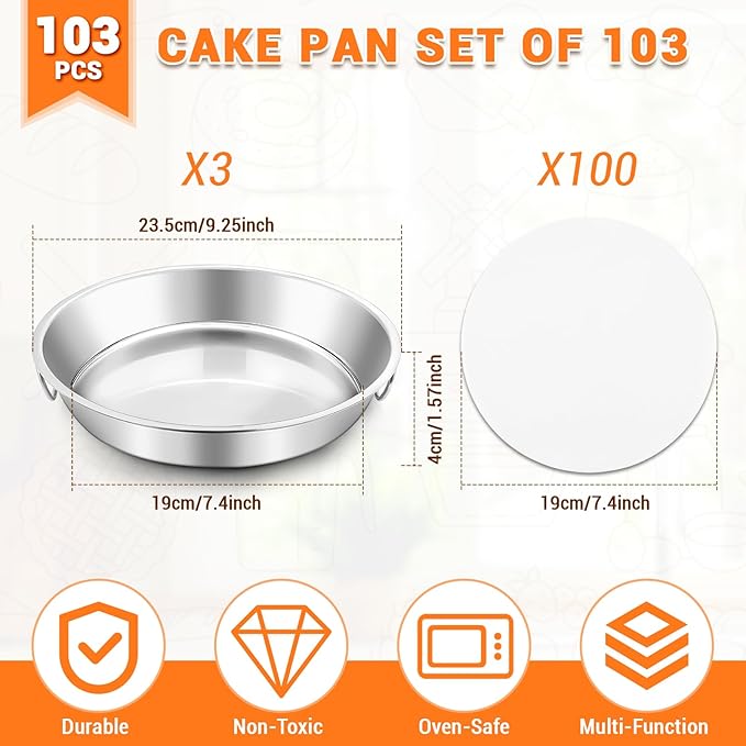 BEWOS 103 Pcs 7.4" Round Cake Pans - Nonstick Stainless Steel Cake Pans with 100 Pcs Parchment Paper, Non-Toxic Cake Baking Pans with Handles, Mirror Finish & Dishwasher Safe
