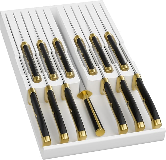 Domax Bamboo In-drawer Knife Block - Knife Drawer Organizer Insert Large Handle Steak Knife Holder, Kitchen Drawer Knife Organizer Fits for 12 knives and 1 Sharpening Steel (Not Included), White
