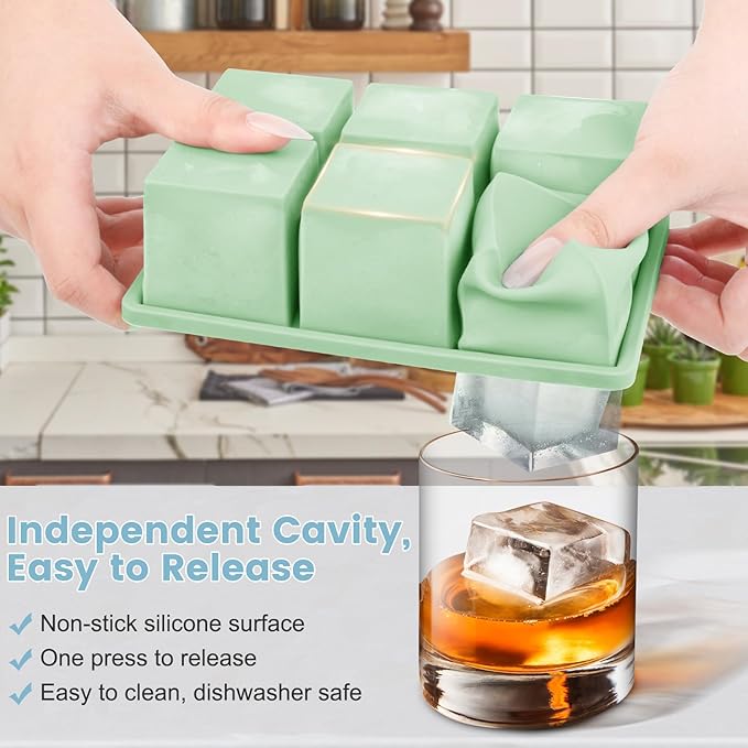 Large Silicone Ice Cube Tray 3Pack, SAWNZC Big Square Ice Cube Molds for Whisky Cocktail, Ice Maker Tray with Lid for Freezer, Easy Release (3, Mint Green)