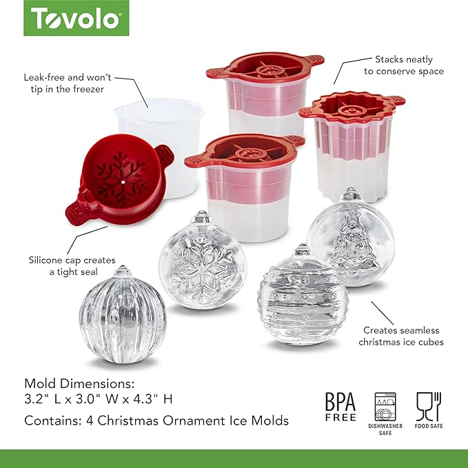 Tovolo Christmas Ornament Ice Molds, Odor and BPA Free - Dishwasher Safe, Set of 4, Ornament