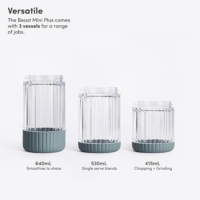 The Beast Mini Blender Plus | Mini Countertop Kitchen Blender | Blend Smoothies and Shakes, Dressings, Sauces, Dips | Extra Vessels, Straw Cap and Straws Included | 600W (Mist)