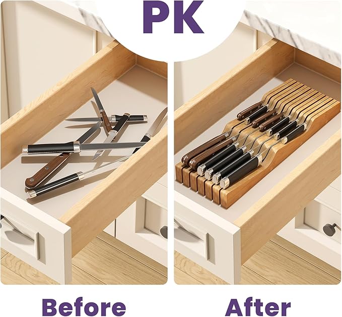 Bamboo In-Drawer Knife Block for 13 Knives(Not Included), Knife Drawer Organizer,Knife Holder Countertop,Block Knife Storage Organizer for Kitchen