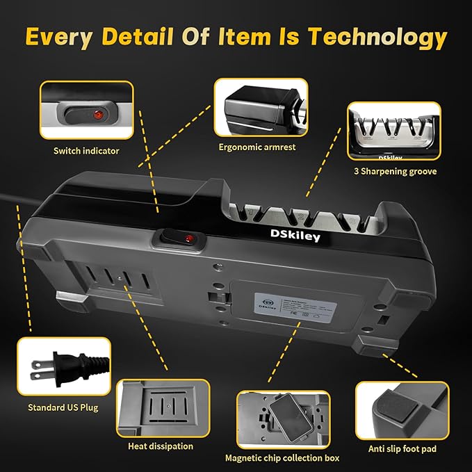 Professional 3-stage Electric Knife Sharpener for Kitchen Knives, with 100% Diamond Abrasive 20° Precision Angle Guide, Quickly Sharpening, Repairing/Restoring/Polish Blades (Black)