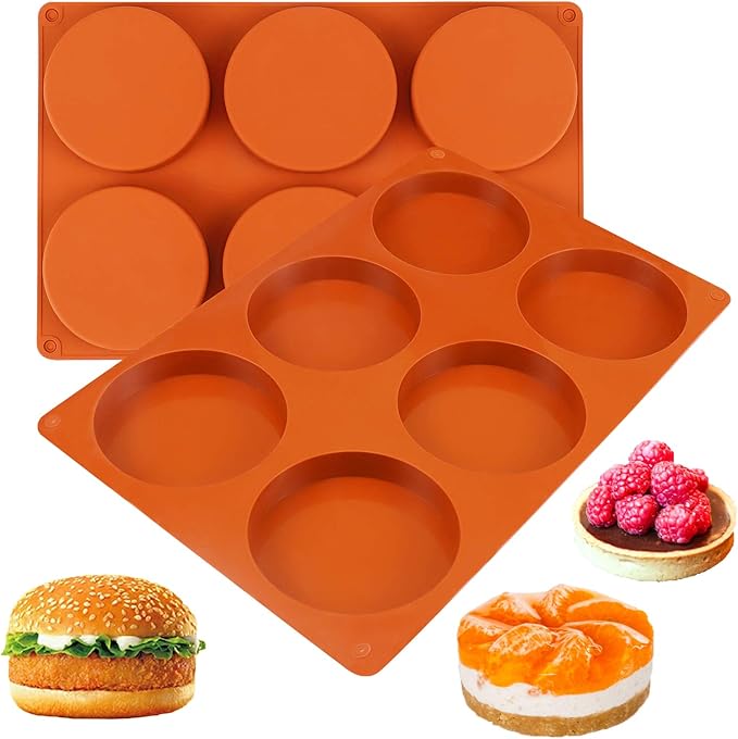 Palksky Silicone Molds for Baking (2 Pack)6-Cavity Large Round Disc Mold/English Muffins Pan/Resin Coaster Mold Non-Stick for Hamburger Chocolate Cake Pie Custard Tart Whoopie Pie Egg Pan