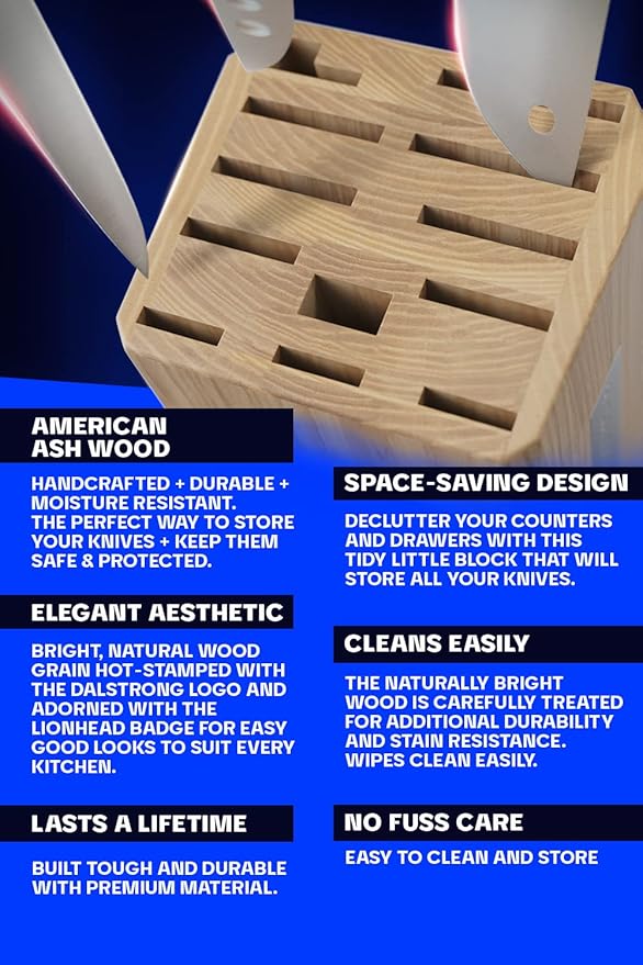 DALSTRONG Universal Knife Block - 18 Slots - Premium American Ash Wood - Aluminum Alloy Rim Kitchen Set - Lion Head Logo Badge - Premium Craftsmanship Knife Set - Angled For Ergonomics - Cleans Easily