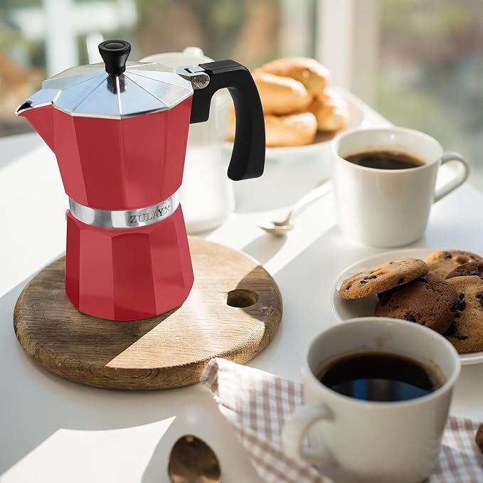 Zulay Moka Pot Espresso Stovetop Coffee Maker - Leak-Proof, Stainless Steel, Easy to Clean, Heat Resistant Handle & Knob - for Authentic Cuban & Italian Style Espresso - Makes 6 Espresso Cups - Red
