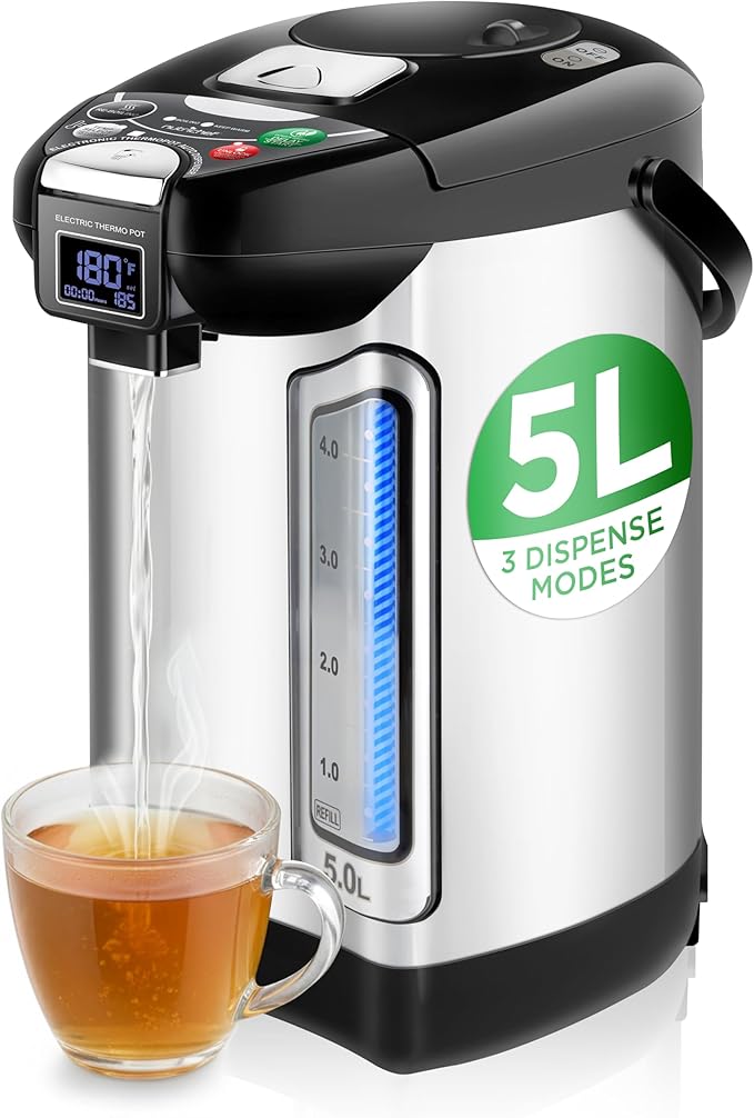NutriChef Digital Water Boiler and Warmer - 5L/5.28 Qt Stainless Electric Hot Water Dispenser w/LCD Display, Rotating Base, Keep Warm, Auto Shut Off, Safety Lock, Instant Heating for Coffee & Tea