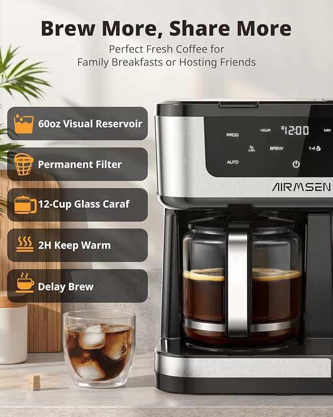 AIRMSEN 12-Cup Programmable Coffee Maker – Single Serve Machine for K-Cup Pods & Ground, 1000W Fast Brew, Delay Start, 2H Keep Warm, Touchscreen, 60oz Tank, Glass Carafe – Home & Office