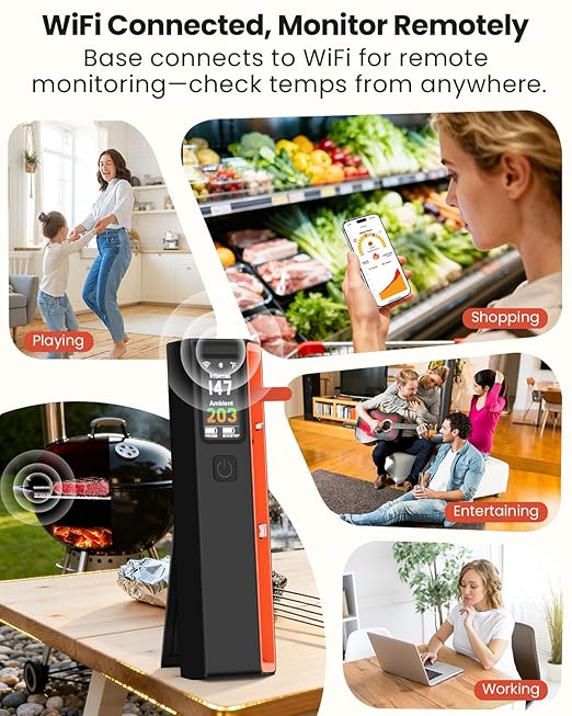 Smart Bluetooth Wireless Meat Thermometer with WiFi - High Accuracy ±0.5°F, 6 Sensors with NIST Certified Accuracy, Smart LED Base, Long-Range WiFi for BBQ, Grill, Smoker, Oven, Rotisserie