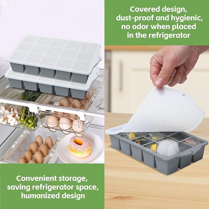 FANYITY Silicone Ice Cube Trays 2-Pack with Locks lids,Easy Release Ice Molds for Freezer,Perfect for Cocktails, Whiskey, Coffee