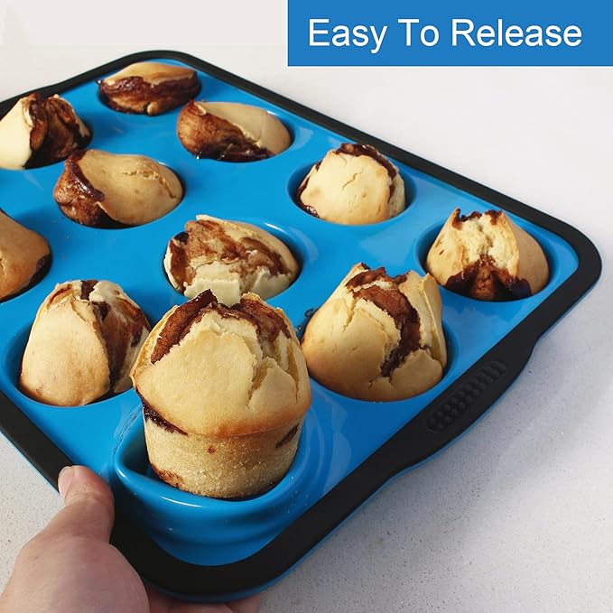 Aichoof Non-Stick Silicone Muffin Pan With Reinforced Stainless Steel Frame Inside,12 Cup Regular Muffin Baking Mold, 12 Cup Muffin Tin, BPA Free,Dishwasher Safe, Blue