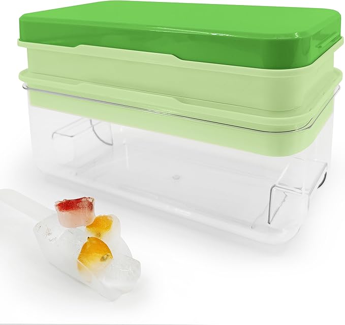 Satax Silicone & Plastic Ice Cube Trays with Lids and Bin - Durable, BPA-Free, Easy Release, Perfect for Cocktails, Coffee & More (2, green)