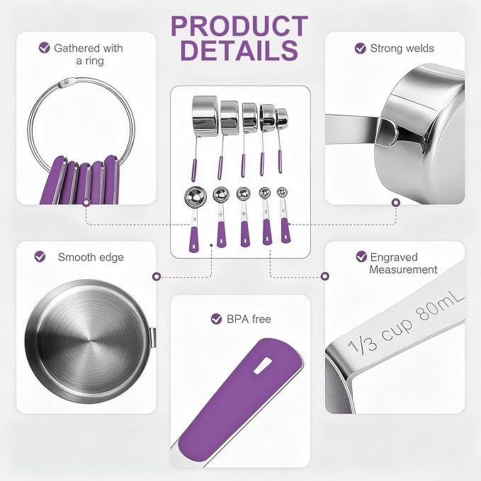 Measuring Cups and Spoons Set, Stainless Steel 10 Piece for Cooking and Baking (5 Cups + 5 Spoons, Purple Handle)