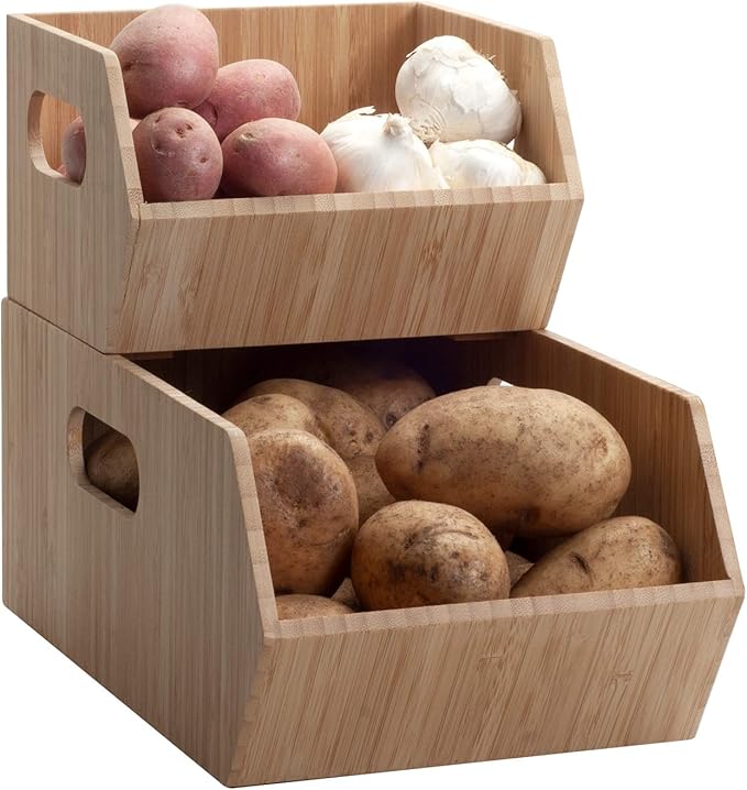 MobileVision Bamboo Storage Bins for Pantry & Kitchen Cabinet Organizer Multi-Purpose 2 PC Stackable Set for Canned Goods, Vegetables, Pouches, Boxed Meals & more