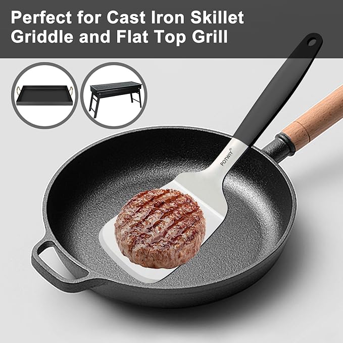 Stainless Steel Spatula, Large Metal Spatula for Kitchen and Grilling, Heavy Duty Turner for Cast Iron Skillet with Silicone Handle, Cooking and Flipping Steak, Pancake, Burger, 4.6 x 3.7 In